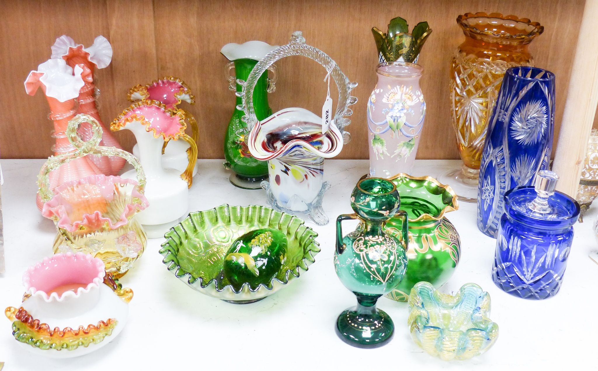 A group of Victorian style fancy glass vases and jugs and other coloured cut glass etc., tallest 29 cm